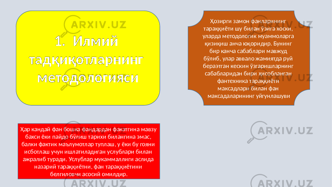 1. Илмий тадқиқотларнинг методологияси Ҳозирги замон фанларининг тараққиёти шу билан ўзига хоски, уларда методологик муаммоларга қизиқиш анча юқоридир. Бунинг бир канча сабаблари мавжуд бўлиб, улар аввало жамиятда руй бераэтган кескин ўзгаришларнинг сабабларидан бири ҳисобланган фантехника тараққиёти максадлари билан фан максадаларининг уйгунлашуви Ҳар кандай фан бошка фандардан факатгина мавзу бахси ёки пайдо бўлиш тарихи билангина эмас, балки фактик маълумотлар туплаш, у ёки бу гояни исботлаш учун ишлатиладиган услублари билан ажралиб туради. Услублар мукаммаллиги аслида назарий тараққиётни, фан тараққиётини белгиловчи асосий омилдир. 