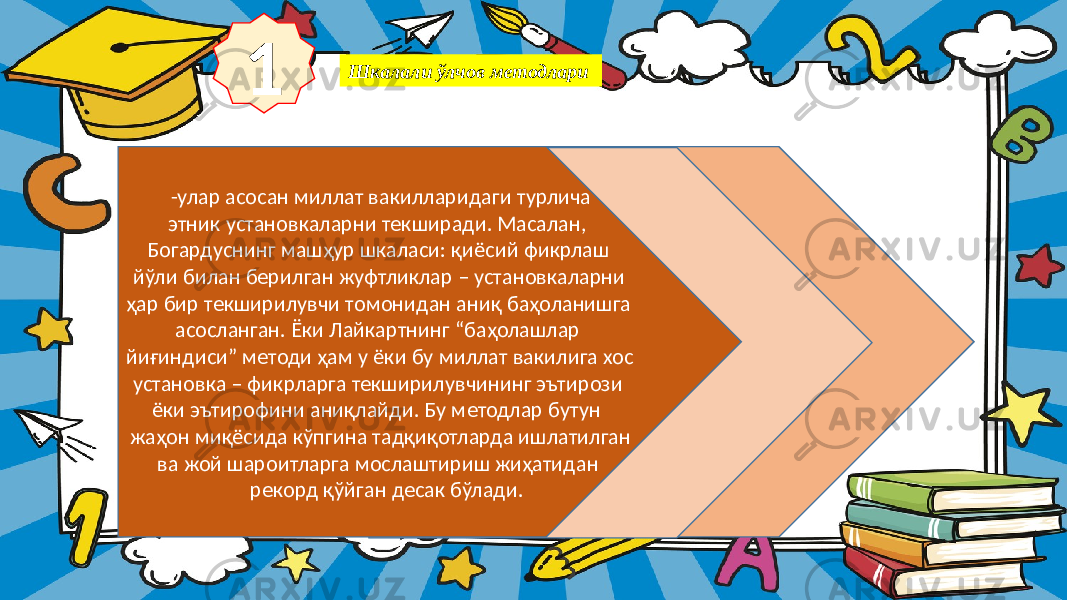 -улар асосан миллат вакилларидаги турлича этник установкаларни текширади. Масалан, Богардуснинг машҳур шкаласи: қиёсий фикрлаш йўли билан берилган жуфтликлар – установкаларни ҳар бир текширилувчи томонидан аниқ баҳоланишга асосланган. Ёки Лайкартнинг “баҳолашлар йиғиндиси” методи ҳам у ёки бу миллат вакилига хос установка – фикрларга текширилувчининг эътирози ёки эътирофини аниқлайди. Бу методлар бутун жаҳон миқёсида кўпгина тадқиқотларда ишлатилган ва жой шароитларга мослаштириш жиҳатидан рекорд қўйган десак бўлади.1 Шкалали ўлчов методлари 