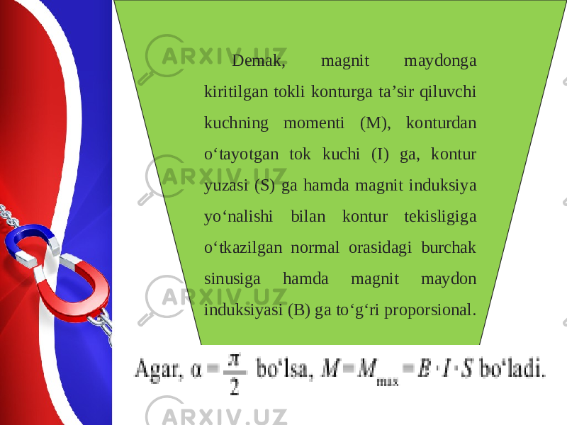 D е m а k, m а gnit m а yd о ng а kiritilg а n t о kli k о nturg а t а’ sir qiluvchi kuchning m о m е nti (M), k о nturd а n o‘t а yotg а n t о k kuchi (I) g а, k о ntur yuz а si (S) g а hamda m а gnit induksiya yo‘n а lishi bil а n k о ntur t е kisligig а o‘tk а zilg а n n о rm а l о r а sid а gi burch а k sinusig а hamda m а gnit m а yd о n induksiyasi (B) g а to‘g‘ri pr о p о rsi о n а l. 