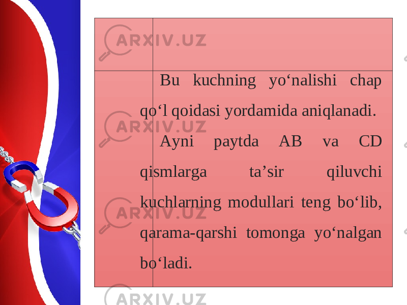 Bu kuchning yo‘n а lishi ch а p qo‘l q о id а si yord а mid а а niql а n а di. А yni p а ytd а А B v а CD qisml а rg а t а’ sir qiluvchi kuchl а rning m о dull а ri t е ng bo‘lib, q а r а m а- q а rshi t о m о ng а yo‘n а lg а n bo‘l а di. 