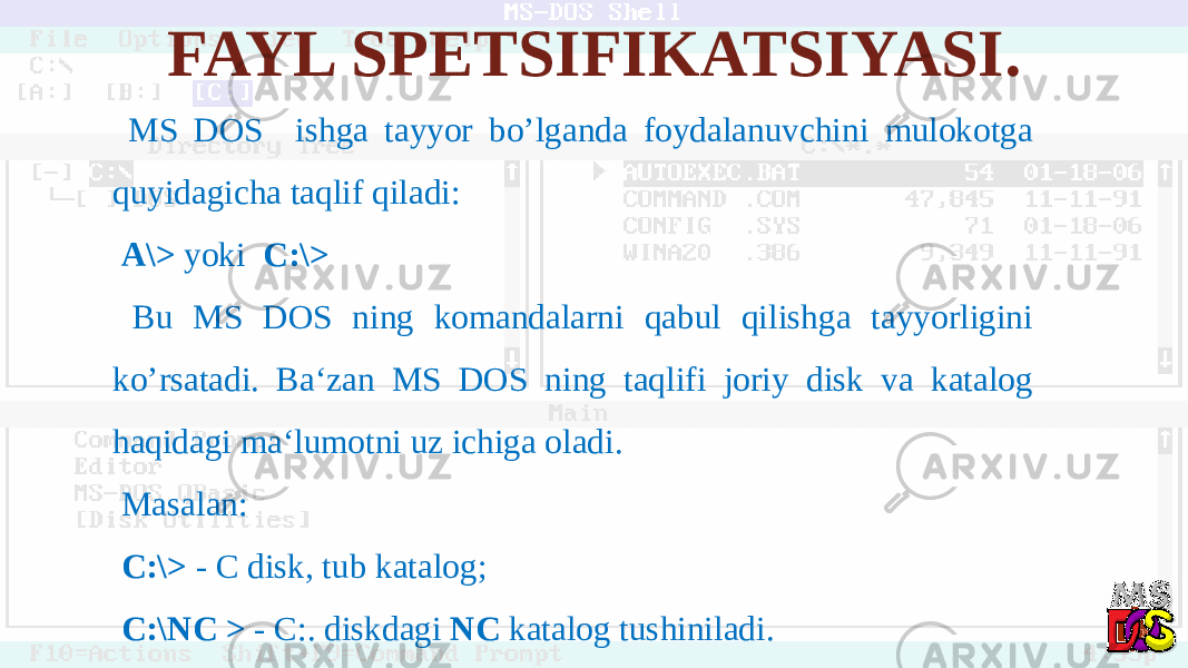  MS DOS ishga tayyor bo’lganda foydalanuvchini mulokotga quyidagicha taqlif qiladi: A\> yoki С:\> Bu MS DOS ning komandalarni qabul qilishga tayyorligini ko’rsatadi. Ba‘zan MS DOS ning taqlifi joriy disk va katalog haqidagi ma‘lumotni uz ichiga oladi. Masalan: С:\> - С disk, tub katalog; C:\NC > - C:. diskdagi NC katalog tushiniladi.FAYL SPETSIFIKATSIYASI. 