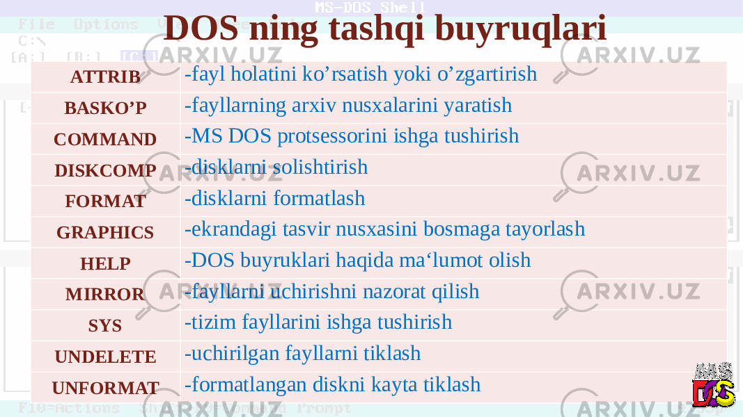 DOS ning tashqi buyruqlari ATTRIB -fayl holatini ko’rsatish yoki o’zgartirish BASKO’P -fayllarning arxiv nusxalarini yaratish COMMAND -MS DOS protsessorini ishga tushirish DISKCOMP -disklarni solishtirish FORMAT -disklarni formatlash GRAPHICS -ekrandagi tasvir nusxasini bosmaga tayorlash HELP -DOS buyruklari haqida ma‘lumot olish MIRROR -fayllarni uchirishni nazorat qilish SYS -tizim fayllarini ishga tushirish UNDELETE -uchirilgan fayllarni tiklash UNFORMAT -formatlangan diskni kayta tiklash 