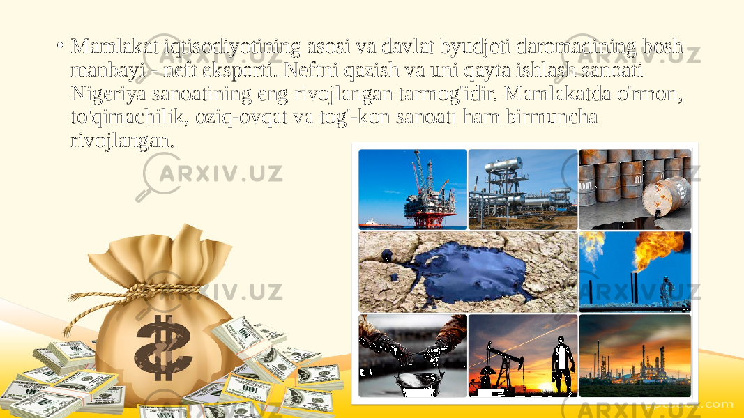 • Mamlakat iqtisodiyotining asosi va davlat byudjeti daromadining bosh manbayi - neft eksporti. Neftni qazish va uni qayta ishlash sanoati Nigeriya sanoatining eng rivojlangan tarmog&#39;idir. Mamlakatda o&#39;rmon, to&#39;qimachilik, oziq-ovqat va tog&#39;-kon sanoati ham birmuncha rivojlangan. 