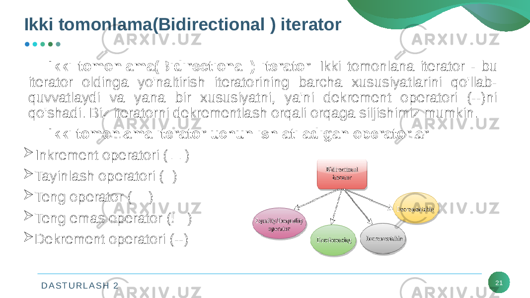 D A S T U R L A S H 2Ikki tomonlama(Bidirectional ) iterator 21Ikki tomonlama(Bidirectional ) iterator:  Ikki tomonlana iterator - bu iterator oldinga yo&#39;naltirish iteratorining barcha xususiyatlarini qo&#39;llab- quvvatlaydi va yana bir xususiyatni, ya&#39;ni dekrement operatori (--)ni qo&#39;shadi. Biz iteratorni dekrementlash orqali orqaga siljishimiz mumkin. Ikki tomonlama iterator uchun ishlatiladigan operatorlar:  Inkrement operatori (++)  Tayinlash operatori (=)  Teng operator (==)  Teng emas operator (! =)  Dekrement operatori (--) 