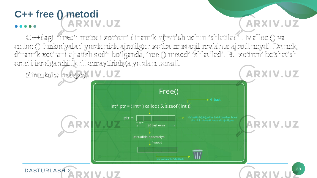 D A S T U R L A S H 2C++ free () metodi 38C++dagi  &#34;free&#34;  metodi xotirani dinamik  ajratish  uchun ishlatiladi . Malloc () va calloc () funktsiyalari yordamida ajratilgan xotira mustaqil ravishda ajratilmaydi. Demak, dinamik xotirani ajratish sodir bo&#39;lganda, free () metodi ishlatiladi. Bu xotirani bo&#39;shatish orqali isrofgarchilikni kamaytirishga yordam beradi. Sintaksis: free (ptr); 