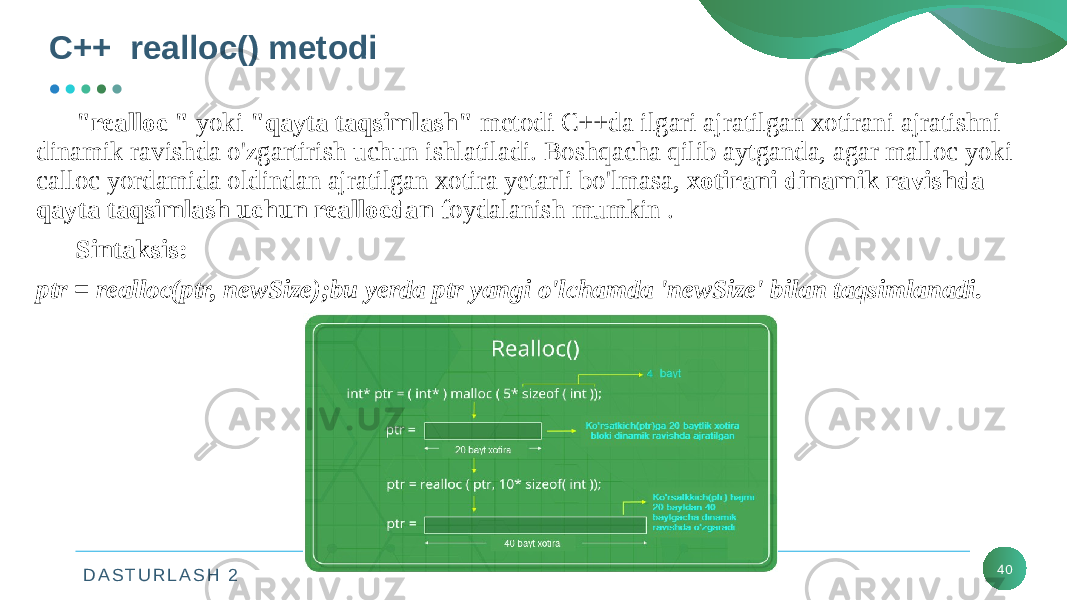 D A S T U R L A S H 2C++ realloc() metodi 40&#34;realloc &#34;  yoki  &#34;qayta taqsimlash&#34;  metodi C++da ilgari ajratilgan xotirani ajratishni dinamik ravishda o&#39;zgartirish uchun ishlatiladi. Boshqacha qilib aytganda, agar malloc yoki calloc yordamida oldindan ajratilgan xotira yetarli bo&#39;lmasa,  xotirani dinamik ravishda qayta taqsimlash uchun reallocdan  foydalanish mumkin . Sintaksis: ptr = realloc(ptr, newSize);bu yerda ptr yangi o&#39;lchamda &#39;newSize&#39; bilan taqsimlanadi. 