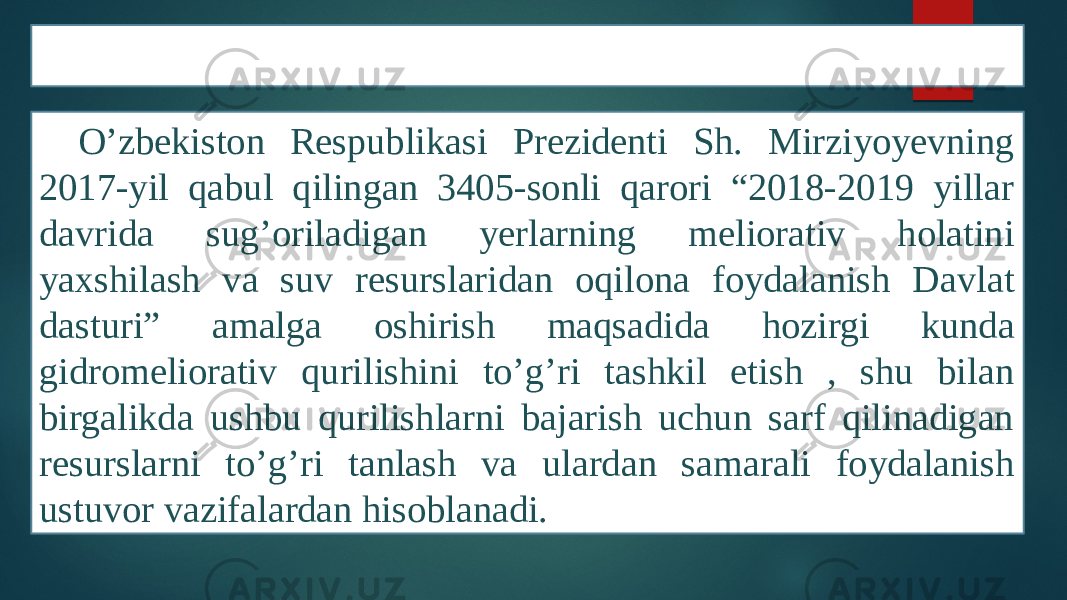 KIRISH O’zbekiston Respublikasi Prezidenti Sh. Mirziyoyevning 2017-yil qabul qilingan 3405-sonli qarori “2018-2019 yillar davrida sug’oriladigan yerlarning meliorativ holatini yaxshilash va suv resurslaridan oqilona foydalanish Davlat dasturi” amalga oshirish maqsadida hozirgi kunda gidromeliorativ qurilishini to’g’ri tashkil etish , shu bilan birgalikda ushbu qurilishlarni bajarish uchun sarf qilinadigan resurslarni to’g’ri tanlash va ulardan samarali foydalanish ustuvor vazifalardan hisoblanadi. 