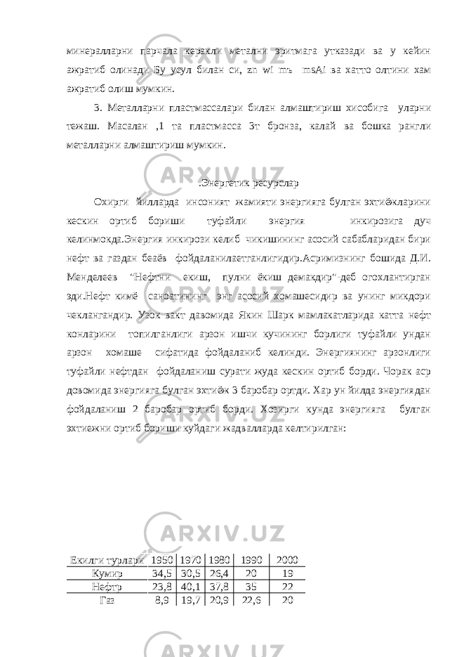 минералларни парчала керакли метални эритмага утказади ва у кейин ажратиб олинади Бу усул билан си, zn wi m ъ msAi ва хатто олтини хам ажратиб олиш мумкин. 3. Металларни пластмассалари билан алмаштириш хисобига уларни тежаш. Масалан ,1 та пластмасса 3т бронза, калай ва бошка рангли металларни алмаштириш мумкин. .Энергетик ресурслар Охирги йилларда инсоният жамияти энергияга булган эхтиёжларини кескин ортиб бориши туфайли энергия инкирозига дуч келинмокда.Энергия инкирози келиб чикишининг асосий сабабларидан бири нефт ва газдан беаёв фойдаланилаетганлигидир.Асримизнинг бошида Д.И. Менделеев &#34;Нефтни екиш, пулни ёкиш демакдир&#34;-деб огохлантирган эди.Нефт кимё саноатининг энг асосий хомашесидир ва унинг микдори чеклангандир. Узок вакт давомида Якин Шарк мамлакатларида катта нефт конларини топилганлиги арзон ишчи кучининг борлиги туфайли ундан арзон хомаше сифатида фойдаланиб келинди. Энергиянинг арзонлиги туфайли нефтдан фойдаланиш сурати жуда кескин ортиб борди. Чорак аср довомида энергияга булган эхтиёж 3 баробар ортди. Хар ун йилда энергиядан фойдаланиш 2 баробар ортиб борди. Хозирги кунда энергияга булган эхтиежни ортиб бориши куйдаги жадвалларда келтирилган: Екилги турлари 1950 1970 1980 1990 2000 Кумир 34,5 30,5 26,4 20 19 Нефт p 23,8 40,1 37,8 35 22 Газ 8,9 19,7 20,9 22,6 20 