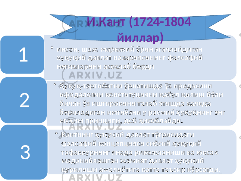 11• инсон, шахс марказий ўрин эгаллай диган ҳуқуқий давлат назариясининг фалсафий негизларини асослаб берди1 • Ҳуқуқ-тартиботни ўрнатишда ўз иродасини ифодаловчи конституцияни қабул қилиш йўли билан ўз иштирокини талаб этишда халққа бериладиган имтиёзни у расмий ҳуқуқнинг энг муҳим принципи, деб ҳисоблайди. 2 • Кантнинг ҳуқуқий давлат тўғрисидаги фалсафий концепцияси сиёсий ҳуқуқий тафаккурнинг янада ривожланиши ва юксак мада нийлашган жамият давлат ҳуқуқий қурилиши амалиётига катта таъсир кўрсатди.3 И.Кант (1724-1804 йиллар) 