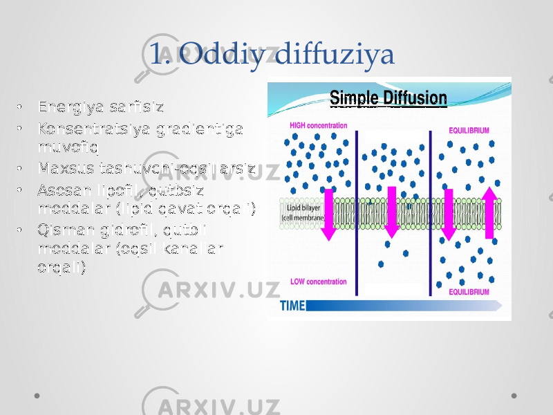 1. Oddiy diffuziya • Energiya sarfisiz • Konsentratsiya gradientiga muvofiq • Maxsus tashuvchi-oqsillarsiz • Asosan lipofil, qutbsiz moddalar (lipid qavat orqali) • Qisman gidrofil, qutbli moddalar (oqsil kanallar orqali) 