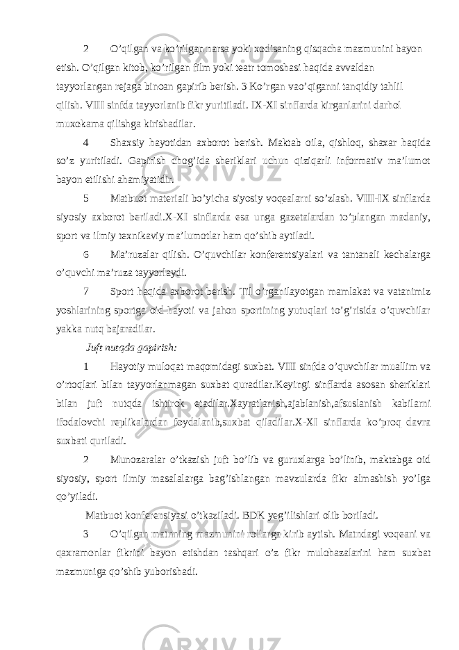 2 O’qilgan va ko’rilgan narsa yoki xodisaning qisqacha mazmunini bayon etish. O’qilgan kitob, ko’rilgan film yoki teatr tomoshasi haqida avvaldan tayyorlangan rejaga binoan gapirib berish. 3 Ko’rgan vao’qiganni tanqidiy tahlil qilish. VIII sinfda tayyorlanib fikr yuritiladi. IX-XI sinflarda kirganlarini darhol muxokama qilishga kirishadilar. 4 Shaxsiy hayotidan axborot berish. Maktab oila, qishloq, shaxar haqida so’z yuritiladi. Gapirish chog’ida sheriklari uchun qiziqarli informativ ma’lumot bayon etilishi ahamiyatidir. 5 Matbuot materiali bo’yicha siyosiy voqealarni so’zlash. VIII-IX sinflarda siyosiy axborot beriladi.X-XI sinflarda esa unga gazetalardan to’plangan madaniy, sport va ilmiy texnikaviy ma’lumotlar ham qo’shib aytiladi. 6 Ma’ruzalar qilish. O’quvchilar konferentsiyalari va tantanali kechalarga o’quvchi ma’ruza tayyorlaydi. 7 Sport haqida axborot berish. Til o’rganilayotgan mamlakat va vatanimiz yoshlarining sportga oid hayoti va jahon sportining yutuqlari to’g’risida o’quvchilar yakka nutq bajaradilar. Juft nutqda gapirish: 1 Hayotiy muloqat maqomidagi suxbat. VIII sinfda o’quvchilar muallim va o’rtoqlari bilan tayyorlanmagan suxbat quradilar.Keyingi sinflarda asosan sheriklari bilan juft nutqda ishtirok etadilar.Xayratlanish,ajablanish,afsuslanish kabilarni ifodalovchi replikalardan foydalanib,suxbat qiladilar.X-XI sinflarda ko’proq davra suxbati quriladi. 2 Munozaralar o’tkazish juft bo’lib va guruxlarga bo’linib, maktabga oid siyosiy, sport ilmiy masalalarga bag’ishlangan mavzularda fikr almashish yo’lga qo’yiladi. Matbuot konferensiyasi o’tkaziladi. BDK yeg’ilishlari olib boriladi. 3 O’qilgan matnning mazmunini rollarga kirib aytish. Matndagi voqeani va qaxramonlar fikrini bayon etishdan tashqari o’z fikr mulohazalarini ham suxbat mazmuniga qo’shib yuborishadi. 