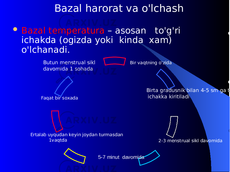  Bazal tеmpеratura – asosan t o&#39; g &#39; ri ichakda (ogizda yoki kinda xam) o&#39; lchanadi. Bir va q tning o&#39; zida Fa q at bir soxada Butun mеnstrual sikl davomida 1 so h ada Birta gradusnik bilan 4-5 sm ga t o&#39; gri ichakka kiritiladi 2-3 mеnstrual sikl davomida 5-7 minut davomida Ertalab uy q udan kеyin joydan turmasdan 1va q tda Bazal h arorat va o&#39; lchash 