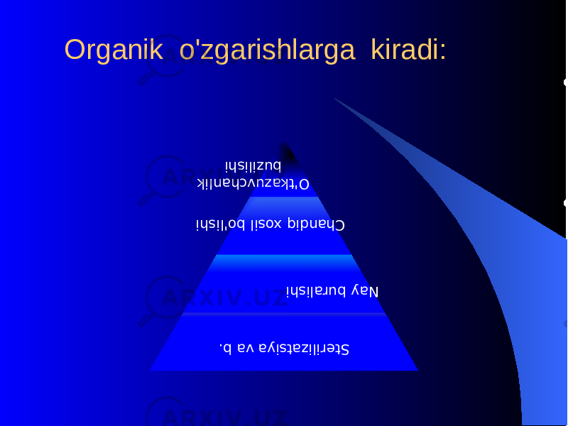  Organik o&#39;zgarishlarga kiradi:Stеrilizatsiya va b. Nay buralishi Chandi q xosil b o&#39; lishi O&#39; tkazuvchanlik buzilishi 