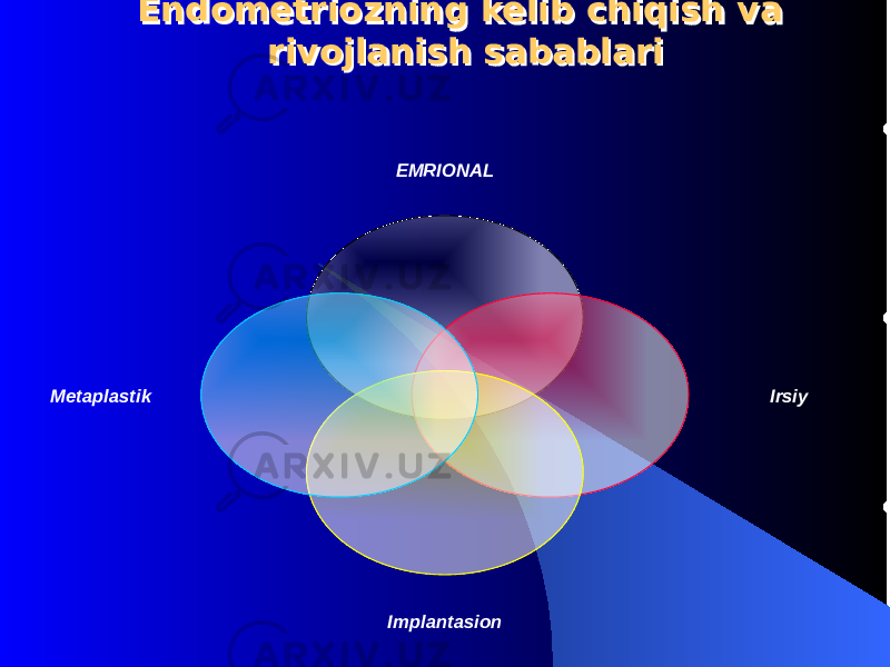 Endometriozning kelib chiqish va rivojlanish sabablariEndometriozning kelib chiqish va rivojlanish sabablari EMRIONAL Irsiy ImplantasionМеtaplastik 