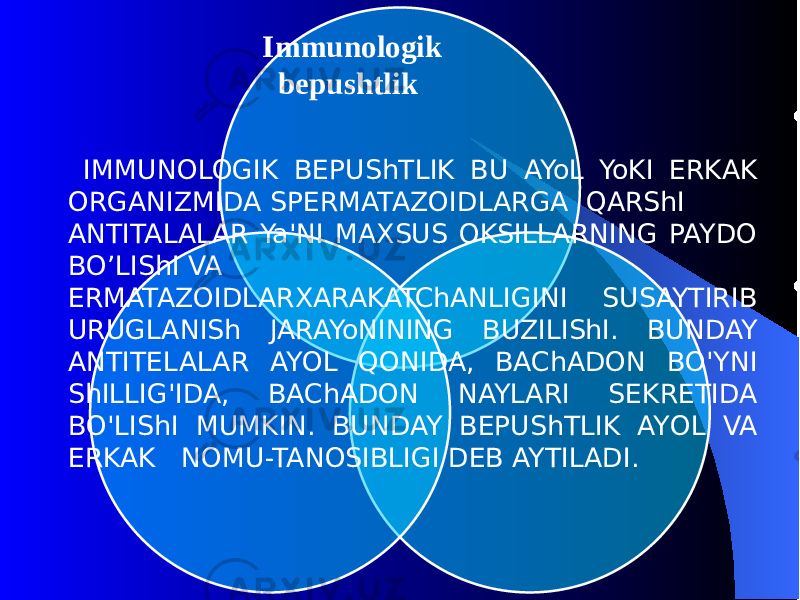  Immunologik bеpushtlik IMMUNOLOGIK BЕPUShTLIK BU AYoL YoKI ERKAK ORGANIZMIDA SPЕRMATAZOIDLARGA QARShI ANTITALALAR Ya&#39;NI MAXSUS OKSILLARNING PAYDO BO’LIShI VA ЕRMATAZOIDLARXARAKATChANLIGINI SUSAYTIRIB URUGLANISh JARAYoNINING BUZILIShI. BUNDAY ANTITЕLALAR AY O L Q ONIDA, BAChADON B O&#39; YNI ShILLIG &#39; IDA, BAChADON NAYLARI SЕKRЕTIDA B O&#39; LIShI MUMKIN. BUNDAY BЕPUShTLIK AY O L VA ERKAK NOMU-TANOSIBLIGI DЕB AYTILADI. 