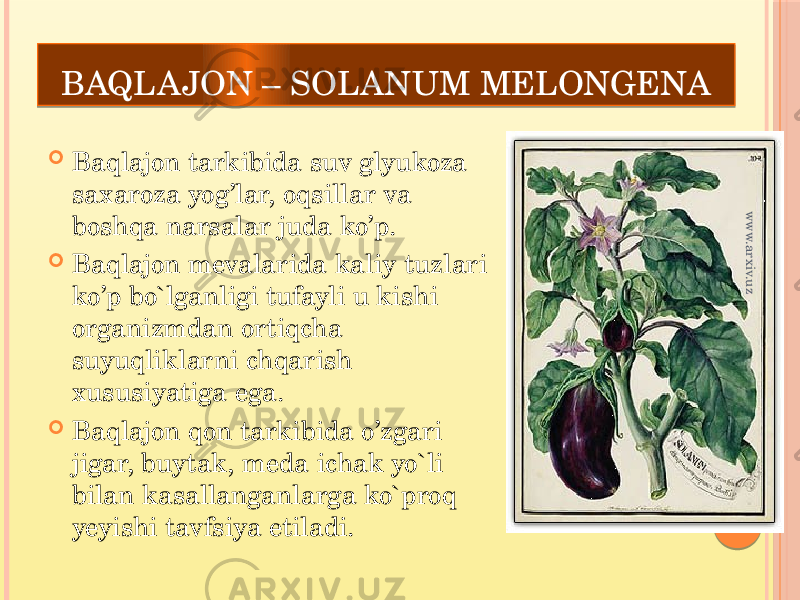 BAQLAJON – SOLANUM MELONGENA  Baqlajon tarkibida suv glyukoza saxaroza yog’lar, oqsillar va boshqa narsalar juda ko’p.  Baqlajon mevalarida kaliy tuzlari ko’p bo`lganligi tufayli u kishi organizmdan ortiqcha suyuqliklarni chqarish xususiyatiga ega.  Baqlajon qon tarkibida o’zgari jigar, buytak, meda ichak yo`li bilan kasallanganlarga ko`proq yeyishi tavfsiya etiladi. www.arxiv.uz 36 