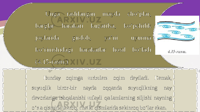 Unga tashlangan mayda cho‘plar, barglar harakati kuzatilsa, ko‘pchilik joylarida girdob, ya’ni uyurma ko‘rinishidagi harakatlar hosil bo‘ladi (4.15-rasm.) Bunday oqimga turbulent oqim deyiladi. Demak, suyuqlik biror-bir nayda oqqanda suyuqlikning nay devorlariga ishqalanishi tufayli qatlamlarning siljishi nayning o‘rta qismida tezroq, chetki qismlarida sekinroq bo‘lar ekan. 