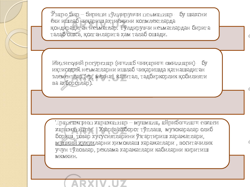 Ўзаро бир – бирини тўлдирувчи неъматлар – бу шахсни ёки ишлаб чиқариш эҳтиёжини копмлектларда қондирадиган неъматлар. Тўлдирувчи неъматлардан бирига талаб ошса, қолганларига ҳам талаб ошади. Иқтисодий ресурслар (ишлаб чиқариш омиллари) – бу иқтисодий неъматларни ишлаб чиқаришда қатнашадиган элементлар (ер, меҳнат, капитал, тадбиркорлик қобилияти ва ахборотлар). Трансакцион харажатлар – муамала, айрибошлаш сохаси харажатлари. Уларга ахборот тўплаш, музокаралар олиб бориш, товар хусусиятларини ўзгартириш харажатлари, мулкий ҳуқуқ ларни ҳимоялаш харажатлари , воситачилик учун тўловлар, реклама харажатлари кабиларни киритиш мкмкин. 