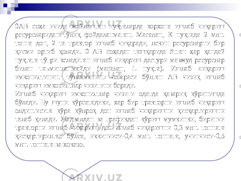 0АВ соҳа ичида жойлашган нуқталарда корхона ишлаб чиқариш ресурсларидан тўлиқ фойдаланмаган. Масалан, К нуқтада 2 млн. тонна дон, 2 та трактор ишлаб чиқаради, лекин ресурсларни бир қисми ортиб қолади. 0 АВ соҳадан ташқарида ётган ҳар қандай нуқтага тўғри келадиган ишлаб чиқариш дастури мавжуд ресурслар билан таъминланмайди (масалан, L нуқта). Ишлаб чиқариш имкониятининг тўпламанинг чегараси бўлган АВ чизиқ ишлаб чиқариш имкониятлар чизиғини беради. Ишлаб чиқариш имкониятлар чизиғи одатда қавариқ кўринишда бўлади. Бу шуни кўрсатадики, хар бир тракторни ишлаб чиқариш олдингисига кўра кўпроқ дон ишлаб чиқаришни қисқартиришни талаб қилади. Жадвалдан ва графикдан кўриш мумкинки, биринчи тракторни ишлаб чиқариш, дон ишлаб чиқаришни 0,3 млн. тоннага қисқартирилган бўлса, иккинчиси-0,4 млн. тоннага, учинчиси-0,5 млн. тоннага ва хоказо. 