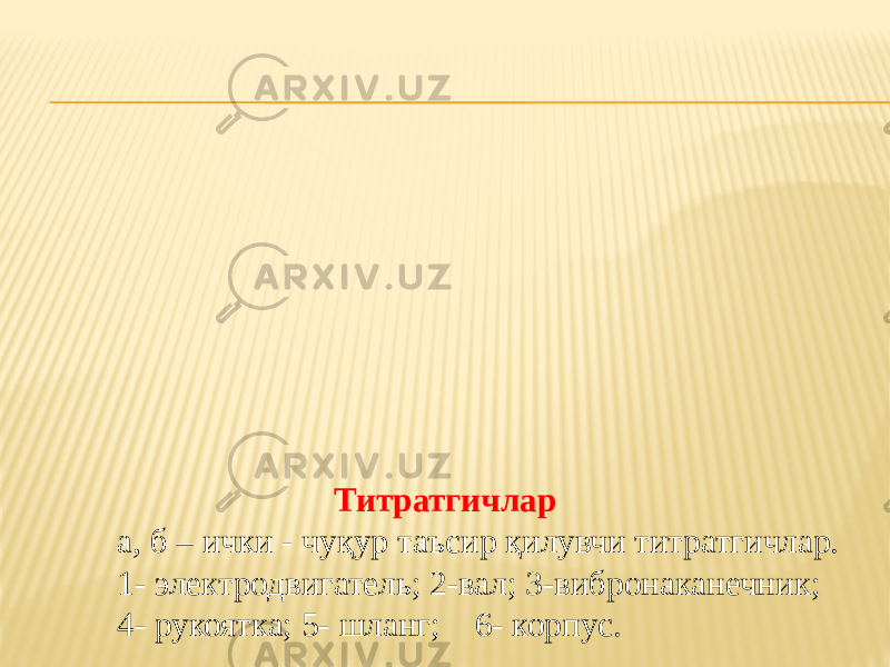 Титратгичлар а, б – ички - чуқур таъсир қилувчи титратгичлар. 1- электродвигатель; 2-вал; 3-вибронаканечник; 4- рукоятка; 5- шланг; 6- корпус. 