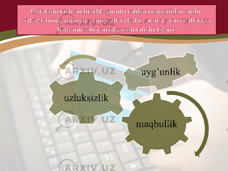 Rejalashtirish auditorlik guruhi rahbari tomonidan audit o’tkazishning umumiy tamoyillari kabi, xususiy tamoyillariga ham muvofiq amalga oshirilishi lozim. 