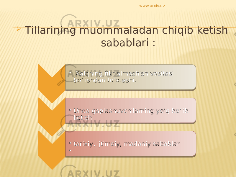  Tillarining muommaladan chiqib ketish sabablari : • Xalqning fikr almashish vositasi bo’lishdan to’xtashi. • Unda gaplashuvchilarning yo’q bo’lib ketishi • tarixiy, ijtimoiy, madaniy sabablar • www.arxiv.uz03 01 2F 21 03 300D 1B 03 14 03 01 