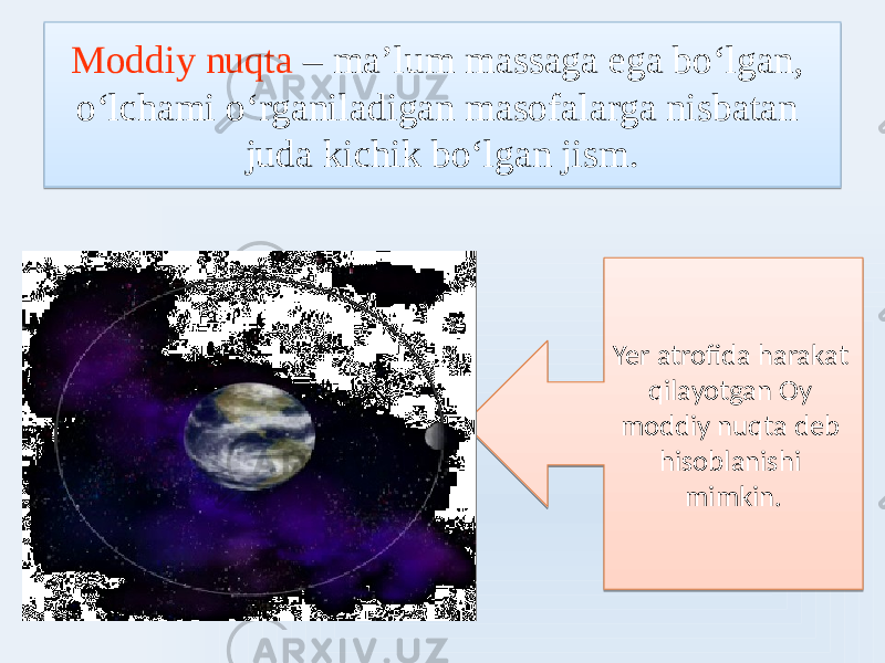 Moddiy nuqta – ma’lum massaga ega boʻlgan, oʻlchami oʻrganiladigan masofalarga nisbatan juda kichik boʻlgan jism. Yer atrofida harakat qilayotgan Oy moddiy nuqta deb hisoblanishi mimkin. 6E 03 0F 7209 3E 090D08 11 2B 11 