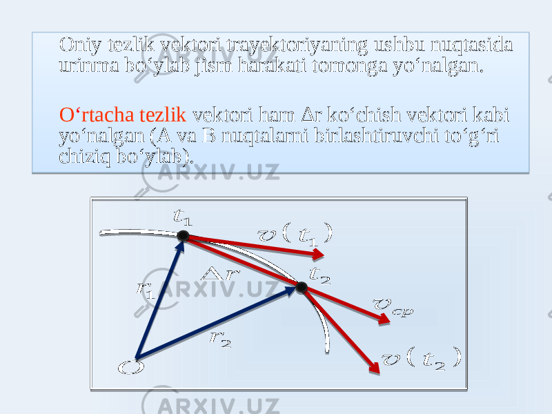  Oniy tezlik vektori trayektoriyaning ushbu nuqtasida urinma boʻylab jism harakati tomonga yoʻnalgan. O ʻ rtacha tezlik vektori ham Δr koʻchish vektori kabi yoʻnalgan (A va B nuqtalarni birlashtiruvchi toʻgʻri chiziq boʻylab).1 t 2 t O   1 t  v   2 t  v ср  v 1 r  2 r  r  0E0E0E 46 09 0E0E0E 46 47 0A 031017 29 5B2315 