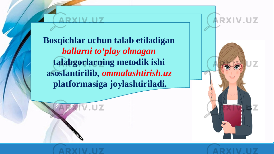 Bosqichlar uchun talab etiladigan ballarni toʻplay olmagan talabgorlarning metodik ishi asoslantirilib, ommalashtirish.uz platformasiga joylashtiriladi. 