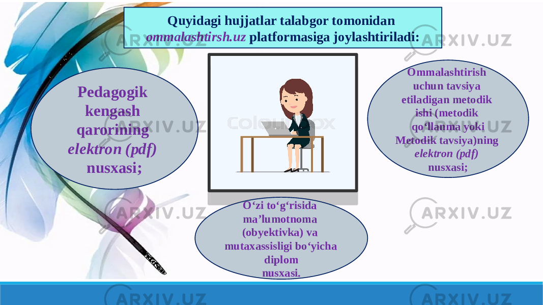 Quyidagi hujjatlar talabgor tomonidan ommalashtirsh.uz platformasiga joylashtiriladi: Pedagogik kengash qarorining elektron (pdf) nusxasi; Oʻzi toʻgʻrisida maʼlumotnoma (obyektivka) va mutaxassisligi boʻyicha diplom nusxasi. Ommalashtirish uchun tavsiya etiladigan metodik ishi (metodik qoʻllanma yoki Metodik tavsiya)ning elektron (pdf) nusxasi; 