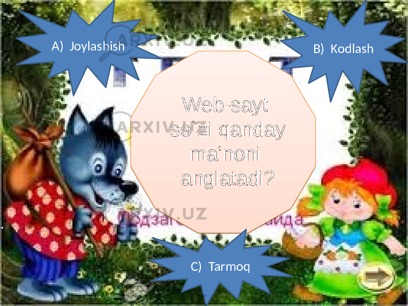 1. Hisoblang. 70+20=A.90 B. 100 D.80 Web-sayt so`zi qanday ma’noni anglatadi? B) KodlashA) Joylashish C) Tarmoq010203 03 0D0E0F 12 14 15 