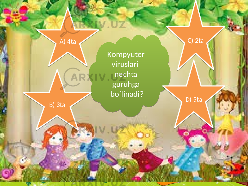 3. 80 soni 78 sonidan nechta ortiq? A. 4 B. 3 D. 2 Kompyuter viruslari nechta guruhga bo`linadi?A) 4ta B) 3ta C) 2ta D) 5ta2F0203 06 07 03 12 14 15 18 28 0B2E 0C271F 0807 12 14 1D 15 