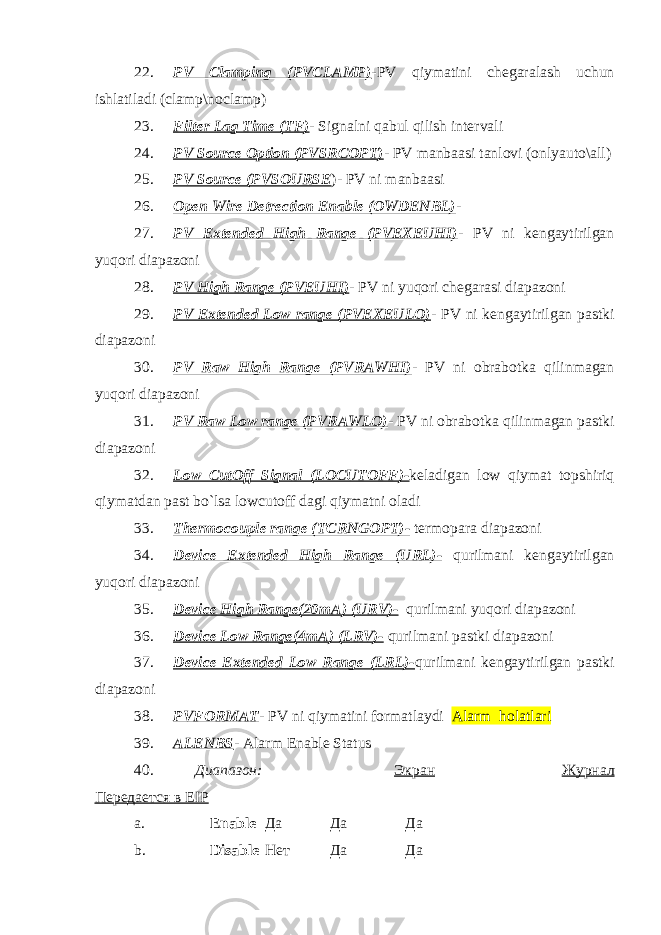 22. PV Clamping (PVCLAMP) -PV qiymatini chegaralash uchun ishlatiladi (clamp\noclamp) 23. Filter Lag Time (TF) - Signalni qabul qilish intervali 24. PV Source Option (PVSRCOPT) - PV manbaasi tanlovi (onlyauto\all) 25. PV Source (PVSOURSE )- PV ni manbaasi 26. Open Wire Detrection Enable (OWDENBL) - 27. PV Extended High Range (PVEXEUHI) - PV ni kengaytirilgan yuqori diapazoni 28. PV High Range (PVEUHI) - PV ni yuqori chegarasi diapazoni 29. PV Extended Low range (PVEXEULO) - PV ni kengaytirilgan pastki diapazoni 30. PV Raw High Range (PVRAWHI) - PV ni obrabotka qilinmagan yuqori diapazoni 31. PV Raw Low range (PVRAWLO) - PV ni obrabotka qilinmagan pastki diapazoni 32. Low CutOff Signal (LOCUTOFF)- keladigan low qiymat topshiriq qiymatdan past bo`lsa lowcutoff dagi qiymatni oladi 33. Thermocouple range (TCRNGOPT)- termopara diapazoni 34. Device Extended High Range (URL)- qurilmani kengaytirilgan yuqori diapazoni 35. Device High Range(20mA) (URV)- qurilmani yuqori diapazoni 36. Device Low Range(4mA) (LRV)- qurilmani pastki diapazoni 37. Device Extended Low Range (LRL)- qurilmani kengaytirilgan pastki diapazoni 38. PVFORMAT - PV ni qiymatini formatlaydi Alarm holatlari 39. ALENBS - Alarm Enable Status 40. Диапазон: Экран Журнал Передается в EIP a. Enable Да Да Да b. Disable Нет Да Да 