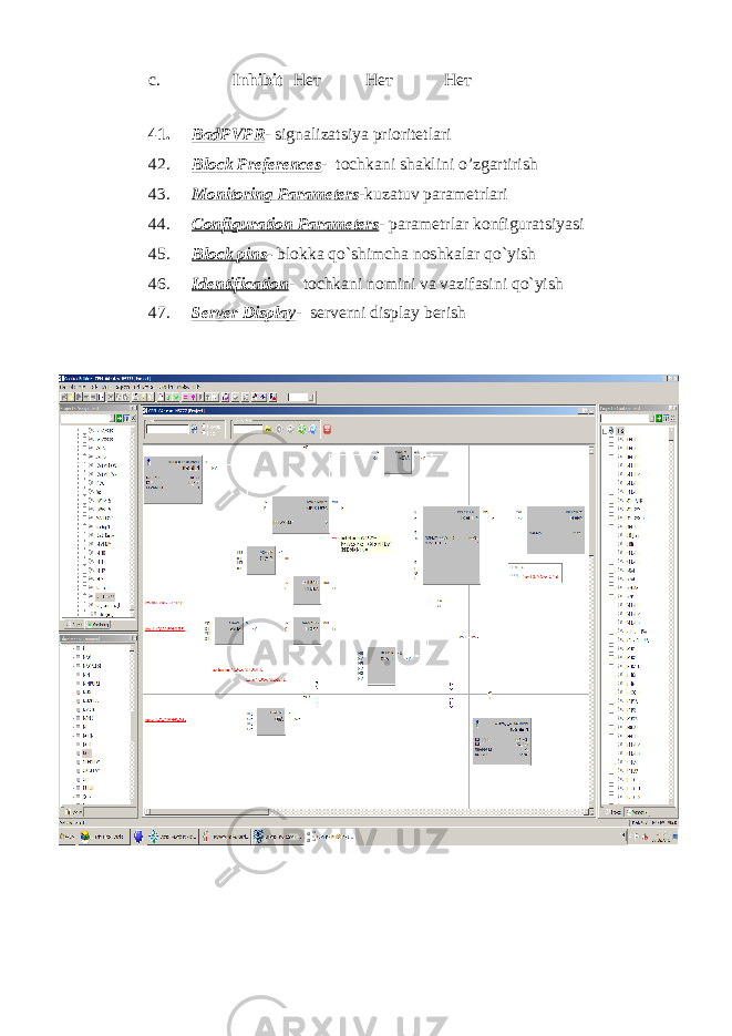 c. Inhibit Нет Нет Нет 41. BadPVPR - signalizatsiya prioritetlari 42. Block Preferences - tochkani shaklini o’zgartirish 43. Monitoring Parameters -kuzatuv parametrlari 44. Configuration Parameters - parametrlar konfiguratsiyasi 45. Block pins - blokka qo`shimcha noshkalar qo`yish 46. Identification - tochkani nomini va vazifasini qo`yish 47. Server Display - serverni display berish 