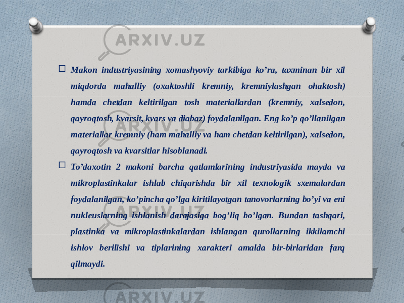  Makon industriyasining xomashyoviy tarkibiga ko’ra, taxminan bir xil miqdorda mahalliy (oxaktoshli kremniy, kremniylashgan ohaktosh) hamda chetdan keltirilgan tosh materiallardan (kremniy, xalsedon, qayroqtosh, kvarsit, kvars va diabaz) foydalanilgan. Eng ko’p qo’llanilgan materiallar kremniy (ham mahalliy va ham chetdan keltirilgan), xalsedon, qayroqtosh va kvarsitlar hisoblanadi.  To’daxotin 2 makoni barcha qatlamlarining industriyasida mayda va mikroplastinkalar ishlab chiqarishda bir xil texnologik sxemalardan foydalanilgan, ko’pincha qo’lga kiritilayotgan tanovorlarning bo’yi va eni nukleuslarning ishlanish darajasiga bog’liq bo’lgan. Bundan tashqari, plastinka va mikroplastinkalardan ishlangan qurollarning ikkilamchi ishlov berilishi va tiplarining xarakteri amalda bir-birlaridan farq qilmaydi. 