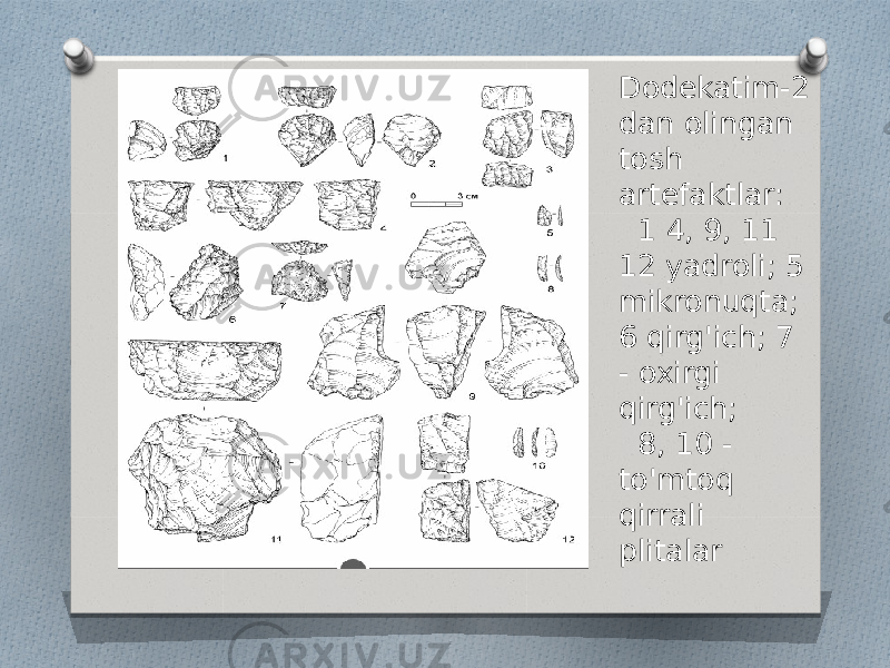 Dodekatim-2 dan olingan tosh artefaktlar: 1 4, 9, 11 12 yadroli; 5 mikronuqta; 6 qirg&#39;ich; 7 - oxirgi qirg&#39;ich; 8, 10 - to&#39;mtoq qirrali plitalar 