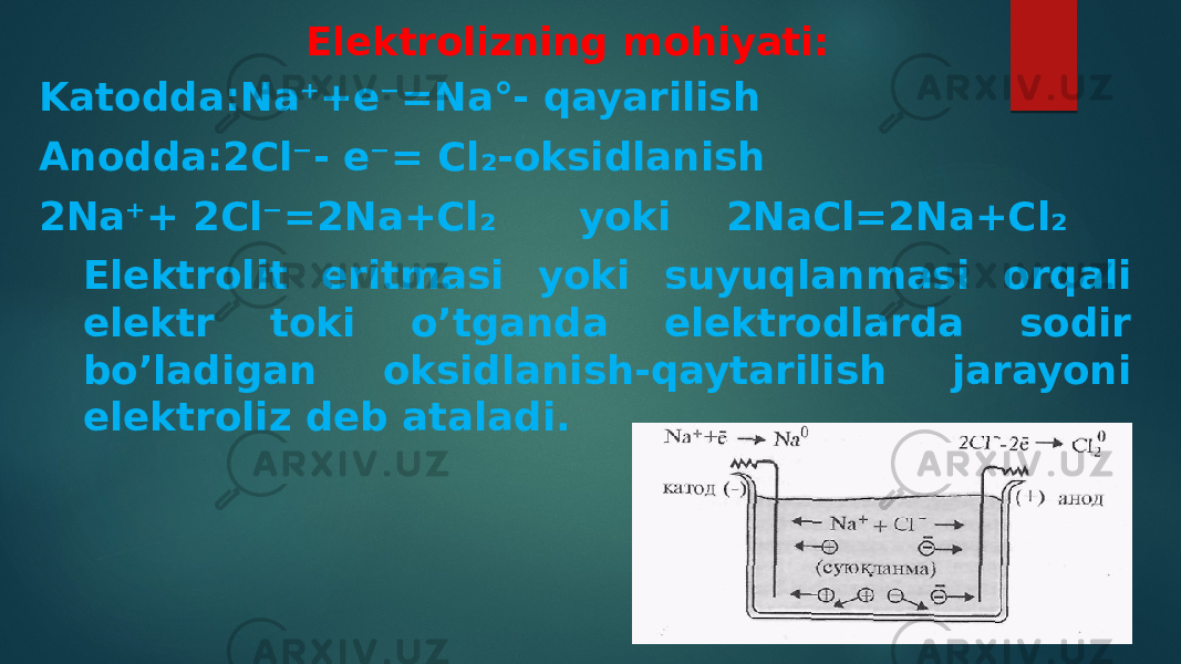 Elektrolizning mohiyati: Katodda:Na⁺+e⁻=Na°- qayarilish Anodda:2Cl⁻- e⁻= Cl₂-oksidlanish 2Na⁺+ 2Cl⁻=2Na+Cl₂ yoki 2NaCl=2Na+Cl₂ Elektrolit eritmasi yoki suyuqlanmasi orqali elektr toki o’tganda elektrodlarda sodir bo’ladigan oksidlanish-qaytarilish jarayoni elektroliz deb ataladi. 