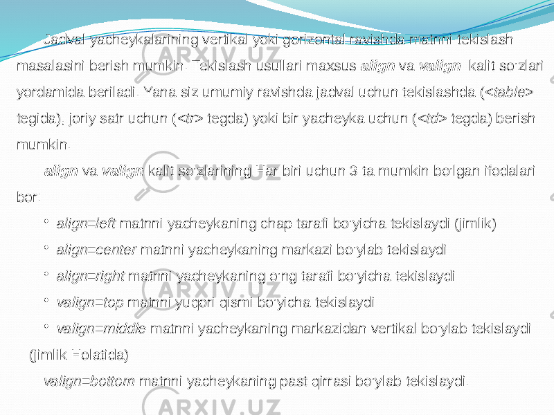 Jadval yacheykalarining vertikal yoki gorizontal ravishda matnni tekislash masalasini berish mumkin. Tekislash usullari maxsus align va valign kalit so’zlari yordamida beriladi. Yana siz umumiy ravishda jadval uchun tekislashda ( <table> tegida), joriy satr uchun ( <tr> tegda) yoki bir yacheyka uchun ( <td> tegda) berish mumkin. align va valign kalit so’zlarining Har biri uchun 3 ta mumkin bo’lgan ifodalari bor: • align=left matnni yacheykaning chap tarafi bo’yicha tekislaydi (jimlik) • align=center matnni yacheykaning markazi bo’ylab tekislaydi • align=right matnni yacheykaning o’ng tarafi bo’yicha tekislaydi • valign=top matnni yuqori qismi bo’yicha tekislaydi • valign=middle matnni yacheykaning markazidan vertikal bo’ylab tekislaydi (jimlik Holatida) valign=bottom matnni yacheykaning past qirrasi bo’ylab tekislaydi. 