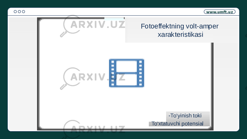 www.umft.uz -To‘yinish toki To‘xtatuvchi potensialFotoeffektning volt-amper xarakteristikasi 