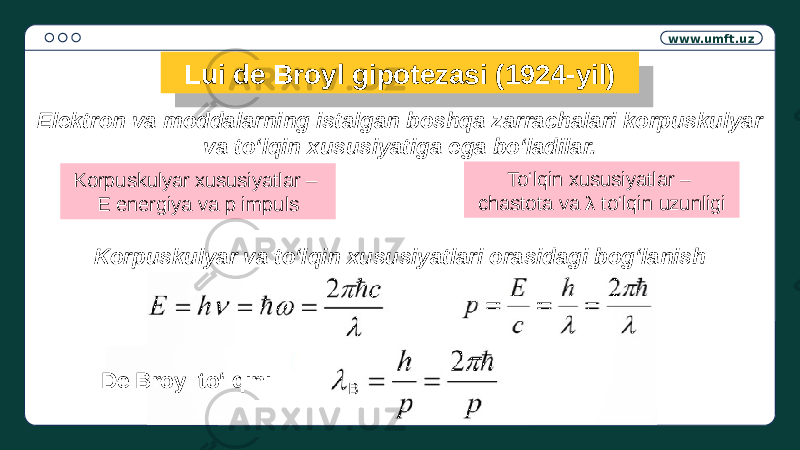 www.umft.uz Lui de Broyl gipotezasi (1924-yil) Elektron va moddalarning istalgan boshqa zarrachalari korpuskulyar va to‘lqin xususiyatiga ega bo‘ladilar. Korpuskulyar xususiyatlar – E energiya va p impuls To‘lqin xususiyatlar – chastota va λ to‘lqin uzunligi Korpuskulyar va to‘lqin xususiyatlari orasidagi bog‘lanish De Broyl to‘lqini: B2B 