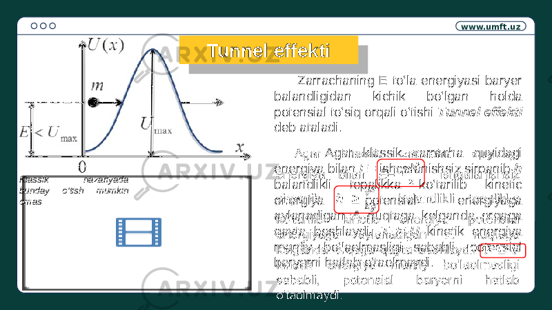 www.umft.uz Tunnel effekti Zarrachaning E to‘la energiyasi baryer balandligidan kichik bo‘lgan holda potensial to‘siq orqali o‘tishi Tunnel effekti deb ataladi. Agar klassik zarracha quyidagi energiya bilan E= ishqalanishsiz sirpanib h balandlikli tepalikka ko‘tarilib kinetic energiya potensial energiyaga aylanadigan A nuqtaga kelganda orqaga qayta boshlaydi. T=E-U kinetik energiya manfiy bo‘laolmasligi sababli, potensial baryerni hatlab o‘taolmaydi.  Klassik nazariyada bunday o‘tish mumkin emas3A 