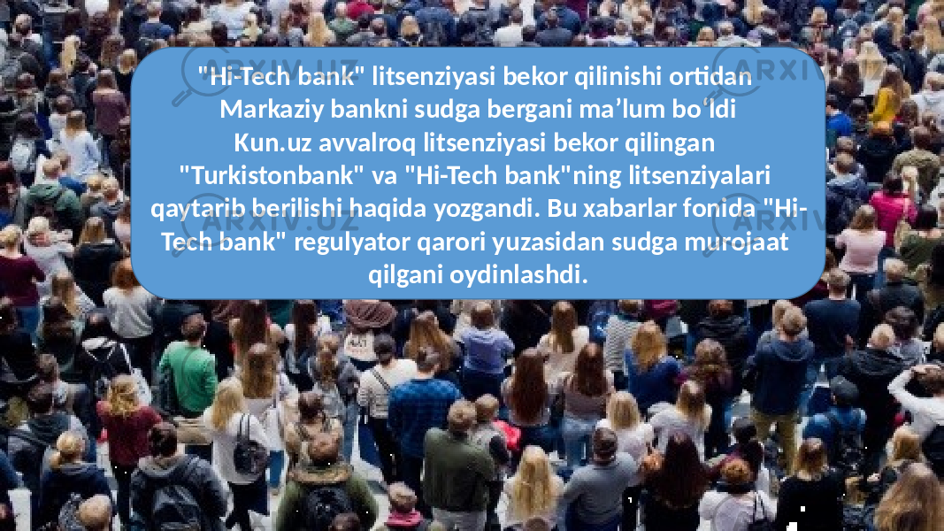 &#34;Hi-Tech bank&#34; litsenziyasi bekor qilinishi ortidan Markaziy bankni sudga bergani ma’lum bo‘ldi Kun.uz avvalroq litsenziyasi bekor qilingan &#34;Turkistonbank&#34; va &#34;Hi-Tech bank&#34;ning litsenziyalari qaytarib berilishi haqida yozgandi. Bu xabarlar fonida &#34;Hi- Tech bank&#34; regulyator qarori yuzasidan sudga murojaat qilgani oydinlashdi. 