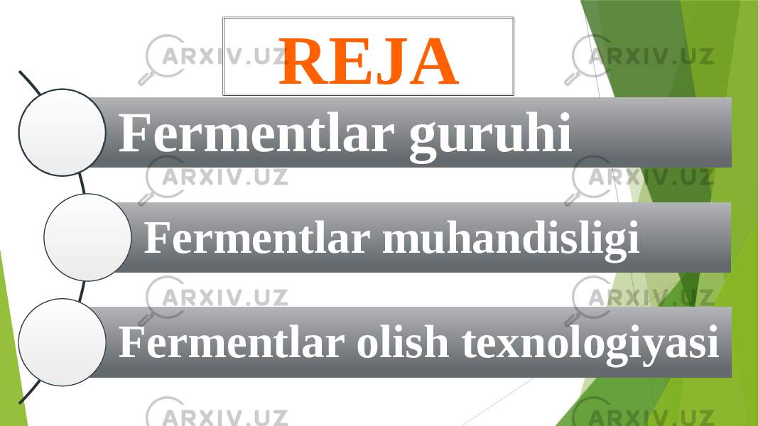 Fermentlar guruhi Fermentlar muhandisligi Fermentlar olish texnologiyasi REJA 