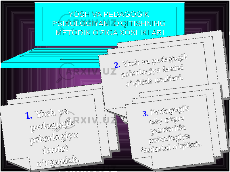 YOSH VA PEDAGOGIK PSIXOLOGIYANI O&#39;QITISHNING METODIK O&#39;ZIGA XOSLIKLARI1 . Y o s h v a p e d a g o g ik p s ix o lo g iy a f a n in i o ’ r g a n is h . 1 . Y o s h v a p e d a g o g ik p s ix o lo g iy a f a n in i o ’ r g a n is h . 2 . Y o s h v a p e d a g o g ik p s ix o lo g iy a fa n in i o ’q itish u su lla r i. 2 . Y o s h v a p e d a g o g ik p s ix o lo g iy a fa n in i o ’q itis h u su lla r i. 3 . P e d a g o g ik o liy o ’q u v y u rtla rid a p s ix o lo g iy a fa n la rin i o ’q itis h . 3 . P e d a g o g ik o liy o ’q u v y u rtla rid a p s ix o lo g iy a fa n la rin i o ’q itis h . 