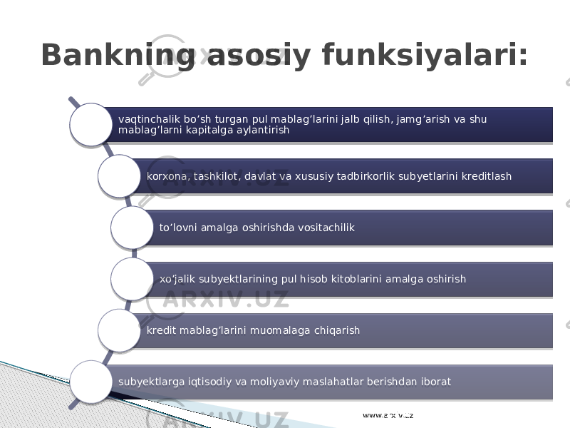 vaqtinchalik bo’sh turgan pul mablag’larini jalb qilish, jamg’arish va shu mablag’larni kapitalga aylantirish korxona, tashkilot, davlat va xususiy tadbirkorlik subyetlarini kreditlash to’lovni amalga oshirishda vositachilik xo’jalik subyektlarining pul hisob kitoblarini amalga oshirish kredit mablag’larini muomalaga chiqarish subyektlarga iqtisodiy va moliyaviy maslahatlar berishdan iboratBankning asosiy funksiyalari: www.arxiv.uz 0B02 18 14 21 10 14 1F 