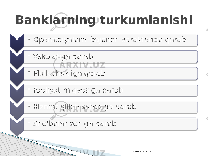 • Operatsiyalarni bajarish xarakteriga qarab • Vakolatiga qarab • Mulk shakliga qarab • Faoliyat miqyosiga qarab • Xizmat qilish sohasiga qarab • Sho‘balar soniga qarabBanklarning turkumlanishi www.arxiv.uz 01 2309 01 24 01 25 01 26 01 27 01 08 