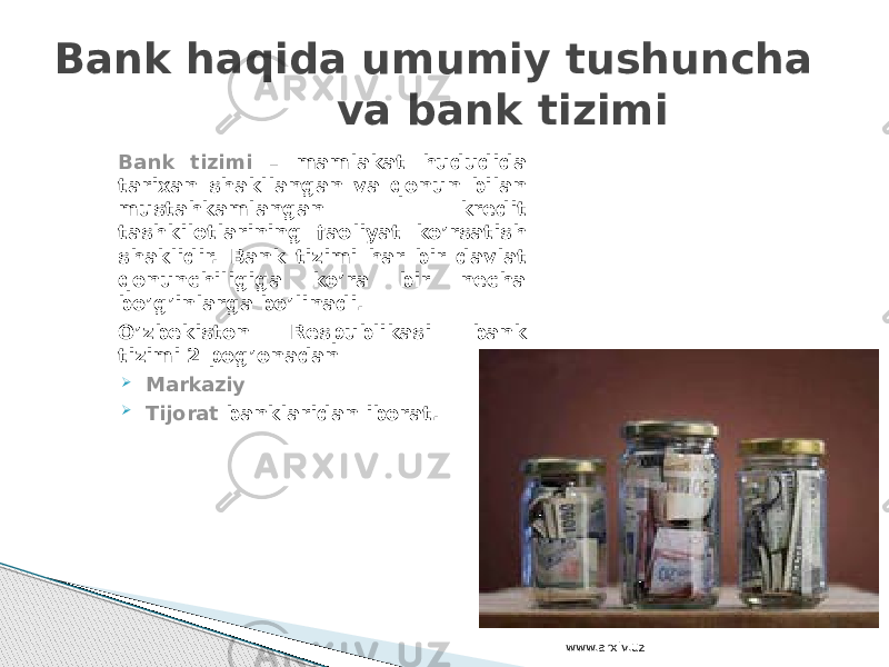 Bank tizimi – mamlakat hududida tarixan shakllangan va qonun bilan mustahkamlangan kredit tashkilotlarining faoliyat ko’rsatish shaklidir. Bank tizimi har bir davlat qonunchiligiga ko’ra bir necha bo’g’inlarga bo’linadi. O’zbekiston Respublikasi bank tizimi 2 pog’onadan  Markaziy  Tijorat banklaridan iborat.Bank haqida umumiy tushuncha va bank tizimi www.arxiv.uz 