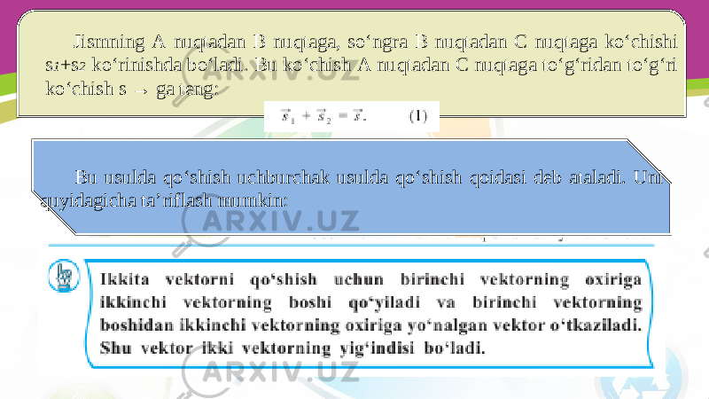 Jismning A nuqtadan B nuqtaga, so‘ngra B nuqtadan C nuqtaga ko‘chishi s 1 +s 2 ko‘rinishda bo‘ladi. Bu ko‘chish A nuqtadan C nuqtaga to‘g‘ridan to‘g‘ri ko‘chish s → ga teng: Bu usulda qo‘shish uchburchak usulda qo‘shish qoidasi deb ataladi. Uni quyidagicha ta’riflash mumkin: 