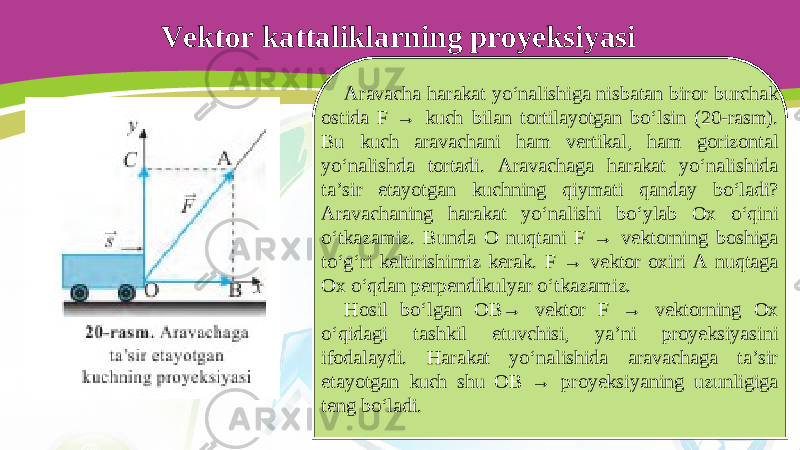 Vektor kattaliklarning proyeksiyasi Aravacha harakat yo‘nalishiga nisbatan biror burchak ostida F → kuch bilan tortilayotgan bo‘lsin (20-rasm). Bu kuch aravachani ham vertikal, ham gorizontal yo‘nalishda tortadi. Aravachaga harakat yo‘nalishida ta’sir etayotgan kuchning qiymati qanday bo‘ladi? Aravachaning harakat yo‘nalishi bo‘ylab Ox o‘qini o‘tkazamiz. Bunda O nuqtani F → vektorning boshiga to‘g‘ri keltirishimiz kerak. F → vektor oxiri A nuqtaga Ox o‘qdan perpendikulyar o‘tkazamiz. Hosil bo‘lgan OB→ vektor F → vektorning Ox o‘qidagi tashkil etuvchisi, ya’ni proyeksiyasini ifodalaydi. Harakat yo‘nalishida aravachaga ta’sir etayotgan kuch shu OB → proyeksiyaning uzunligiga teng bo‘ladi. 