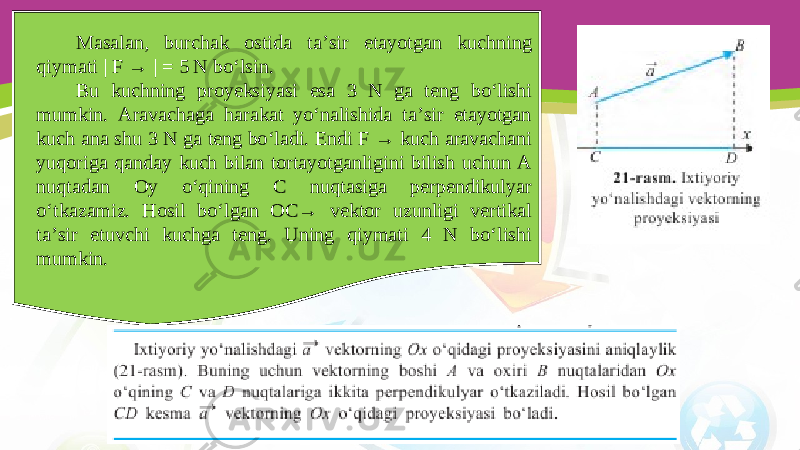 Masalan, burchak ostida ta’sir etayotgan kuchning qiymati | F → | = 5 N bo‘lsin. Bu kuchning proyeksiyasi esa 3 N ga teng bo‘lishi mumkin. Aravachaga harakat yo‘nalishida ta’sir etayotgan kuch ana shu 3 N ga teng bo‘ladi. Endi F → kuch aravachani yuqoriga qanday kuch bilan tortayotganligini bilish uchun A nuqtadan Oy o‘qining C nuqtasiga perpendikulyar o‘tkazamiz. Hosil bo‘lgan OC→ vektor uzunligi vertikal ta’sir etuvchi kuchga teng. Uning qiymati 4 N bo‘lishi mumkin. 